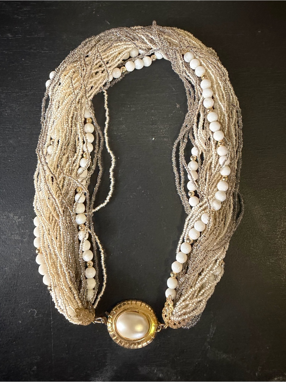 Vintage Layered Cream Bead Necklace with Gold-Tone Clasp